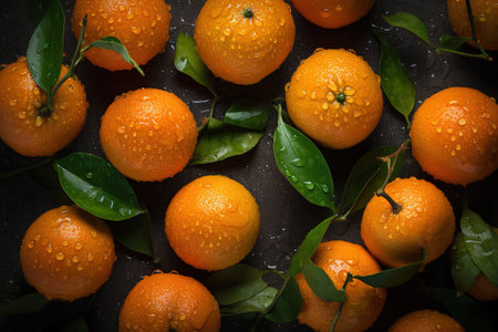 Tangerines with leaves on a dark background. Tangerines with water drops.の素材