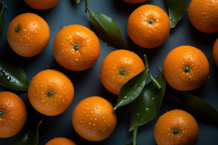 Ripe tangerines with leaves on a dark background, close upの素材
