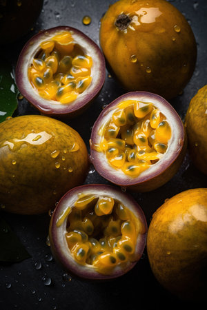 Passion fruit on black slate background. Top view with copy space.の素材