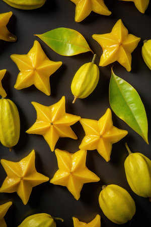 Star fruit on black background. Star fruit or carambola, starfruit or carambolaの素材