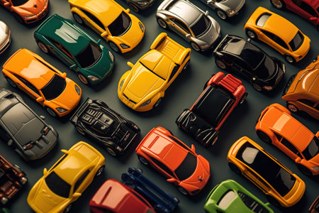 top view of toy cars on black background, 3d render illustrationの素材
