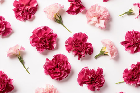 Pink carnation flowers on white background. Flat lay, top viewの素材