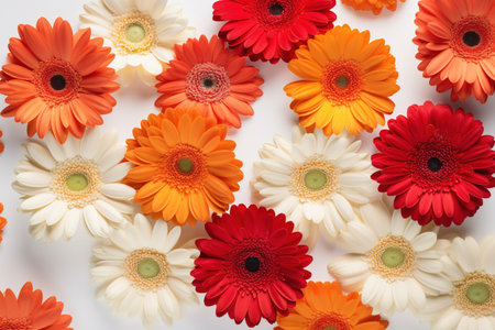 Colorful gerbera flowers on white background. Flat lay, top viewの素材