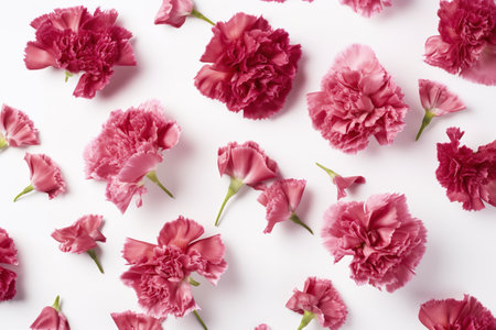 Pink carnation flowers on white background. Flat lay, top viewの素材