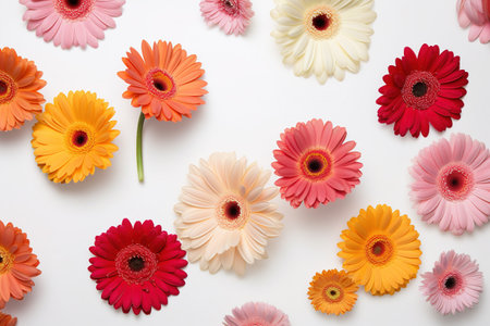 Colorful gerbera flowers on white background, top view. Flat layの素材