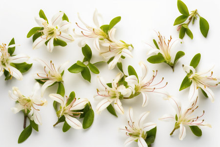 Flowers of clematis isolated on white background. Flat lay, top view.の素材