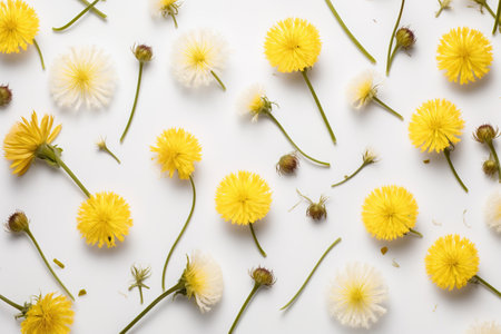 Flowers composition. Yellow daisies on white background. Flat lay, top viewの素材