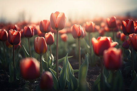 Beautiful tulips in the field at sunset. Toned.の素材