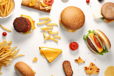Flat lay composition with tasty cheeseburgers on white backgroundの素材