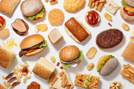 Fast food background. Top view of hamburgers, cheeseburgers, french fries and vegetables on white backgroundの素材