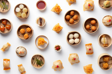 Chinese dim sum in bamboo steamer on white background, top viewの素材