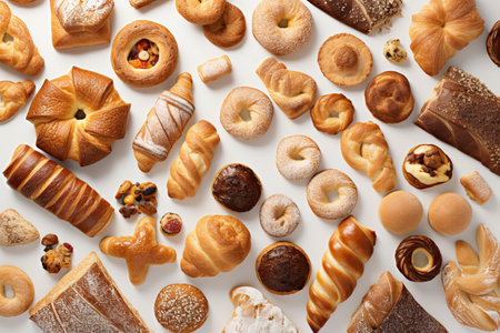 Different types of bread and buns on white background, top viewの素材