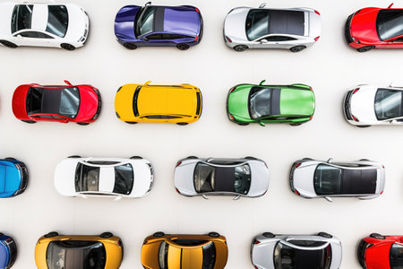 Top view of many cars on white background. 3d rendering.の素材