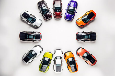 Top view of a group of colorful cars in a circle on a white backgroundの素材