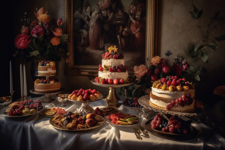 Wedding cake with fruits and berries on a table in a restaurantの素材