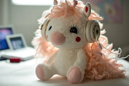 Cute unicorn doll with headphones listening to music on the bed.の素材