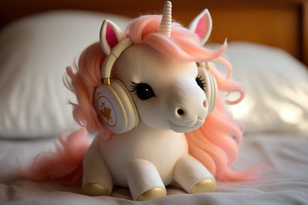 Cute unicorn doll with pink hair and headphones on the bed.の素材