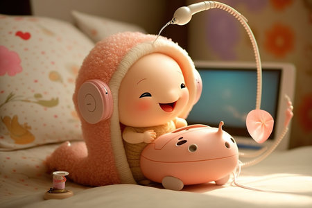 Cute soft toy snake on the bed in the room. Selective focus.の素材