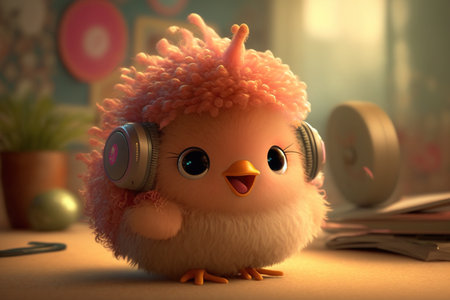 Cute little chick listening to music with headphones. 3d renderingの素材