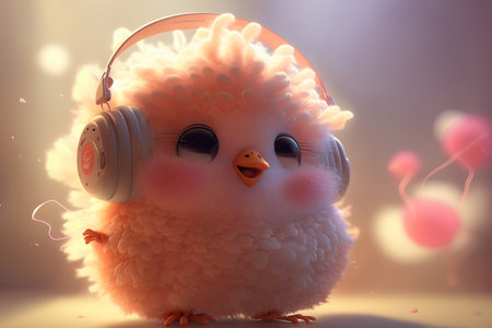 Cute little sheep listening to music with headphones. 3d renderingの素材