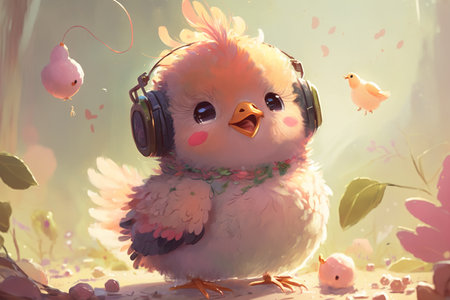 Cute little chick in headphones listening to music on a background of flowersの素材