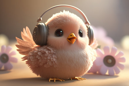Cute little chicken with headphones and flowers on table, closeupの素材