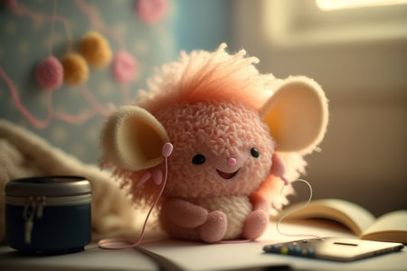 Cute soft toy mouse listening to music at home, closeupの素材
