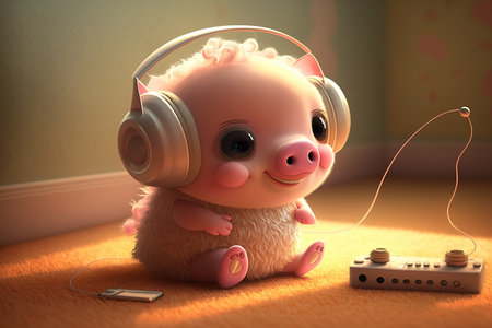 Pig listening to music with headphones in the room. 3d illustrationの素材