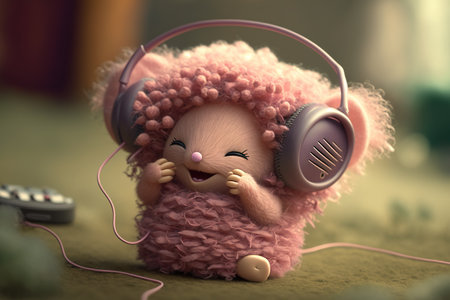 Cute pink hedgehog listening to music with headphones. Toned.の素材