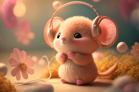 Cute little mouse with headphones and flowers. 3d illustration.の素材