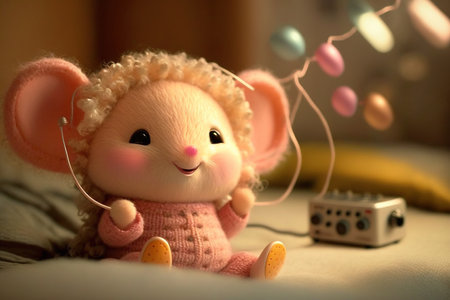 Cute soft toy sheep on the bed with a garland.の素材