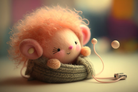 Cute toy mouse in warm scarf and earphones on blurred backgroundの素材