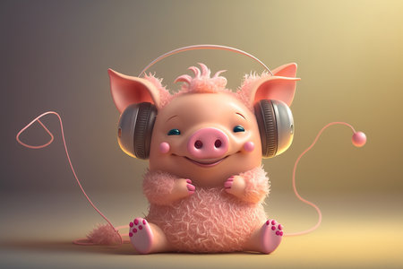 Cute pig listening to music with headphones. 3D rendering.の素材