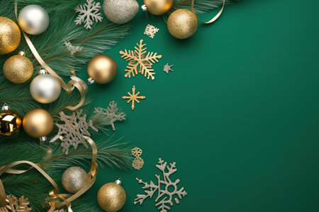 Christmas background with gold and silver decorations and fir branches on green backgroundの素材