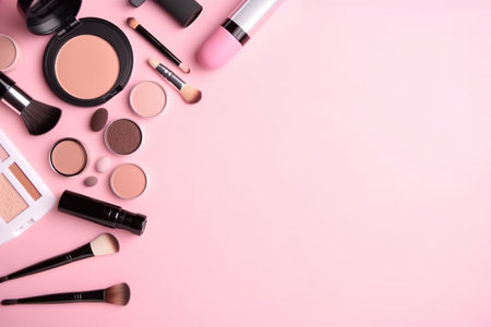 collection of make up and cosmetic beauty products arranged on pink background. each one is shot separatelyの素材