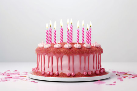 Birthday cake with pink frosting and burning candles on white backgroundの素材