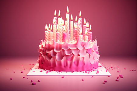 Birthday cake with burning candles on pink background. 3D renderingの素材
