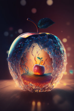 3d illustration of apple in water with drops and bokehの素材
