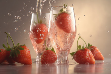 Strawberry juice splashing from a wine bottle on a dark backgroundの素材