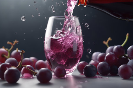 Bottle of pomegranate juice with fresh fruits on wooden tableの素材