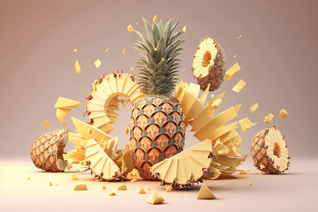 Pineapple explosion with pieces of pineapple on a brown background. 3d renderingの素材