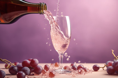 Pouring red wine into glass with grapes on color background, closeupの素材