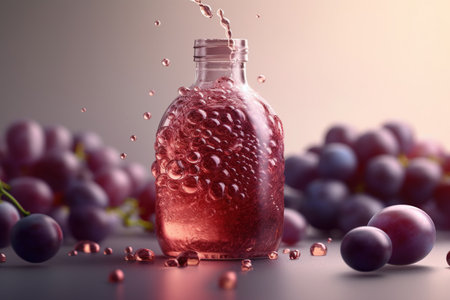 Grape juice splashing out of glass bottle. 3d renderingの素材