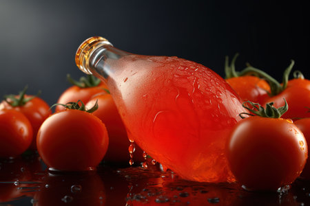 Bottle of tasty ketchup and fresh tomatoes on dark background, closeupの素材