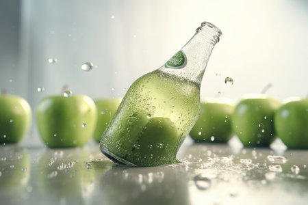 Bottle of water and green apples on light background, closeupの素材