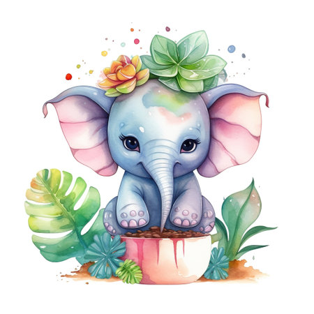 Cute cartoon elephant with flower in pot. Watercolor illustration.の素材