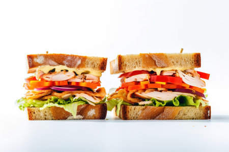 Sandwich with ham, cheese and vegetables isolated on white background.の素材