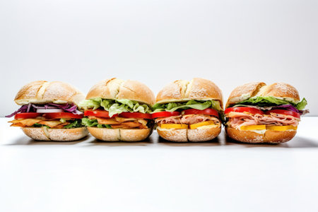 Sandwiches with bacon, cheese, tomato and lettuce on a white backgroundの素材