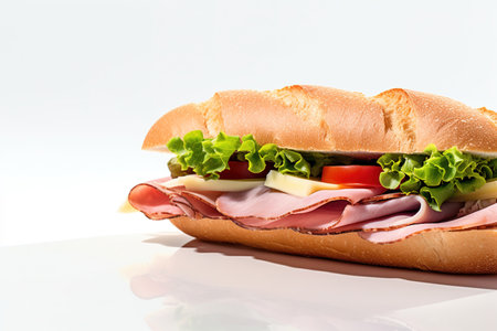Sandwich with ham, cheese, lettuce and tomato on white backgroundの素材