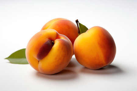 Fresh ripe apricots with leaves on a white background close-upの素材